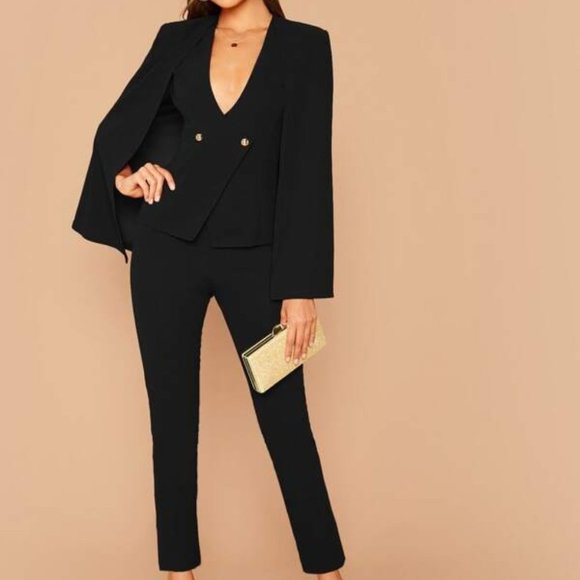 ALL ABOUT CLASS black 2 piece Cape Blazer & Pants Suit - Picture 12 of 16